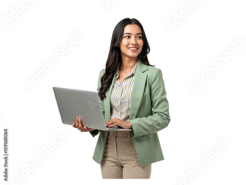 Young professional woman in a green blazer holding a laptop and smiling confidently isolated on transparent background