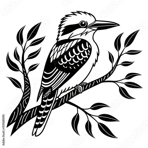 Stylized kookaburra bird perched on a leafy branch
