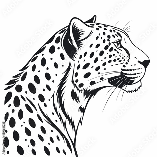 Leopard standing on a grassy mound, black and white illustration
