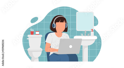 Woman working on laptop in bathroom, perfect for articles on remote work, multitasking, or modern lifestyle.