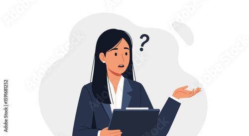 Confused businesswoman with clipboard, ideal for presentations on problem-solving or uncertainty.