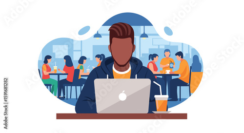 Man working on laptop in a busy cafe, perfect for illustrating remote work, freelance, or co-working concepts.