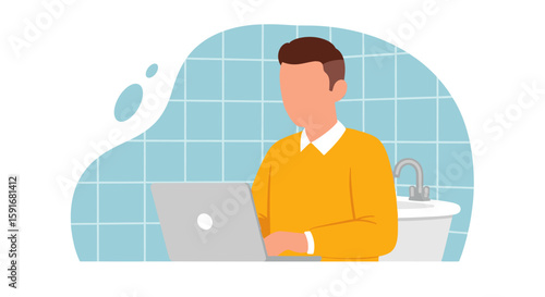 Man working on laptop in bathroom, perfect for articles about work-life balance or remote work.