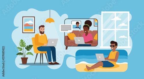 Remote work illustration: Diverse team collaborating online from various locations - home, beach. Perfect for articles about remote work, flexible work.