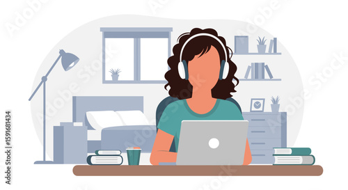 Woman working from home on laptop, wearing headphones. Ideal for blogs, websites, and articles about remote work.