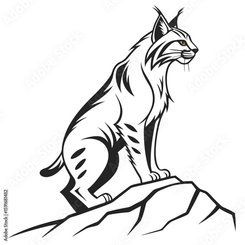 A stylized illustration of a lynx sitting on rocks