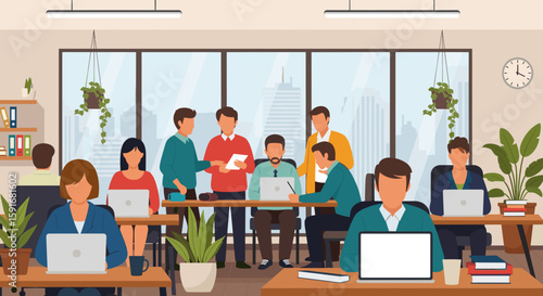 Diverse team of professionals working collaboratively in a modern office, ideal for business presentations and website banners.