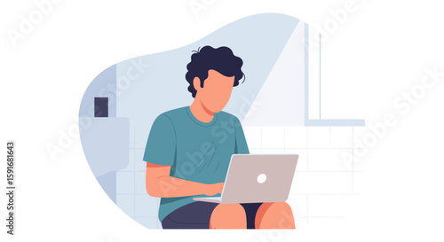 Man working on laptop in bathroom - Illustration for website or blog post about remote work, work-life balance, or productivity.