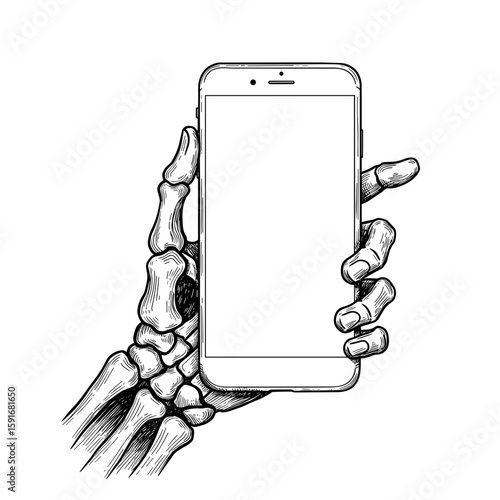 Blank phone mockup in skeleton hand Halloween 2025 decor – hand-drawn black and white vector illustration