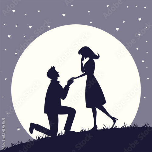 Romantic silhouette of a man proposing to a woman under a full moon with heart-shaped stars, perfect for love, proposal, and night themes.