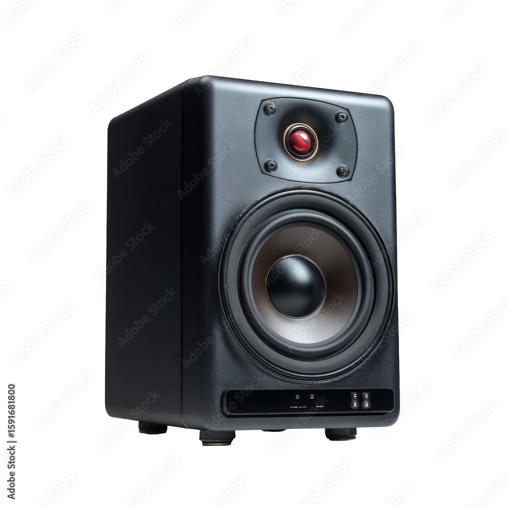 Obraz premium Isolated Black Studio Monitor Speaker on White Background Perfect for Audio Equipment and Music Production Settings