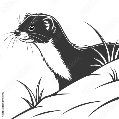 Weasel peeking through grass in a stylized illustration