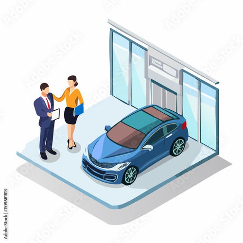 Isometric vector illustration of car salesman presenting a new car model to customer at showroom
