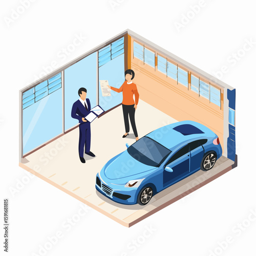 Isometric vector illustration of car salesman presenting a new car model to customer at showroom