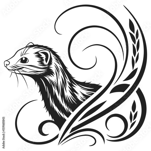 Stylized ferret with tribal swirls and leaves