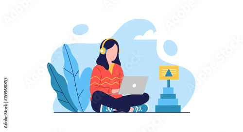 Woman working on laptop, illustration perfect for websites, blogs, and presentations on remote work, productivity, or online learning.