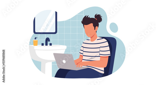Man working on laptop in bathroom - Illustration for blog, website or article about remote work.