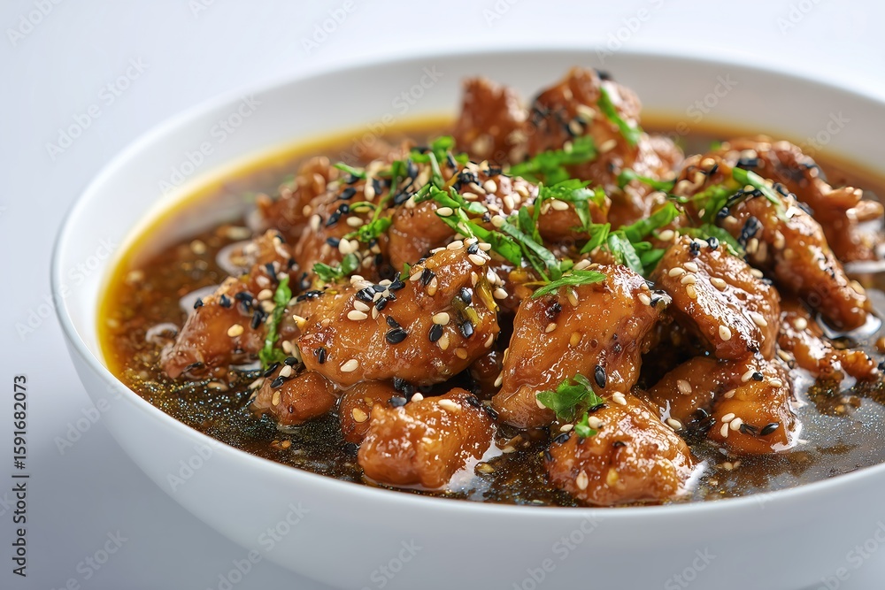 Savory sesame oil chicken stew with tender chicken pieces and aromatic herbs on a white background Savory sesame oil chicken stew with tender chicken pieces and aromatic herbs on a white background
