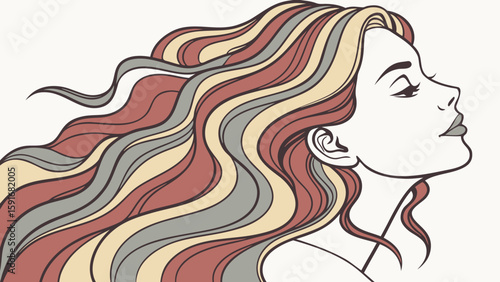 Elegant woman with flowing, wavy hair in warm, earthy tones, exuding tranquility and confidence.