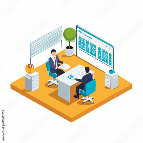 Wallpaper Mural Isometric office scene with businessman showing insurance offer to client Torontodigital.ca
