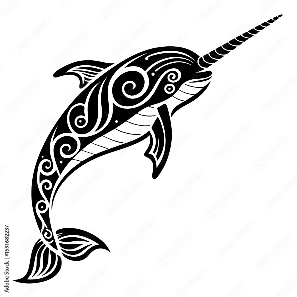 Obraz premium Stylized narwhal with tribal patterns swimming in a black and white illustration