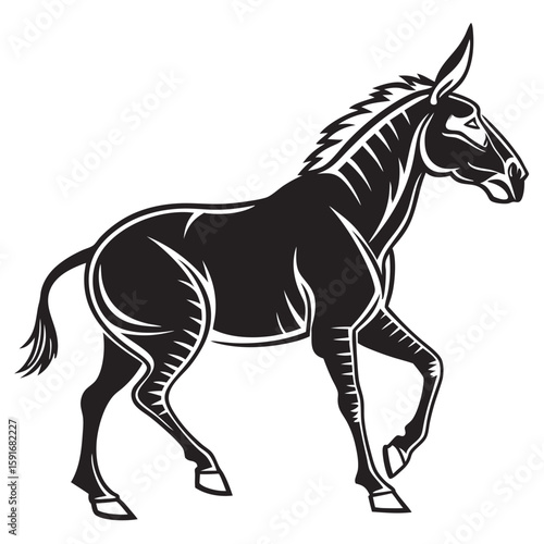 Black and white illustration of a donkey standing with its head turned