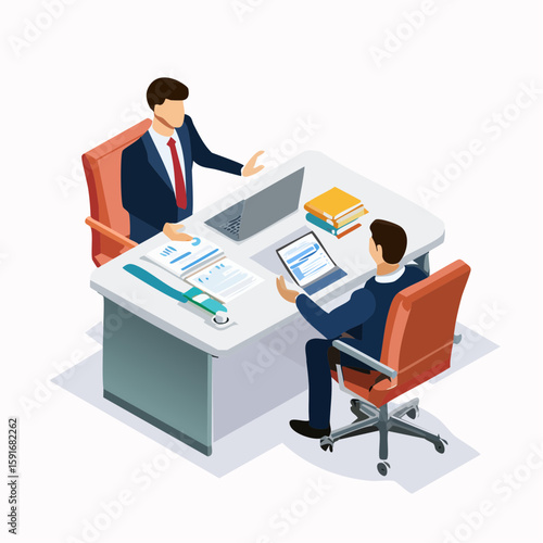Isometric vector illustration of financial advisor in formal suit presenting investment plan