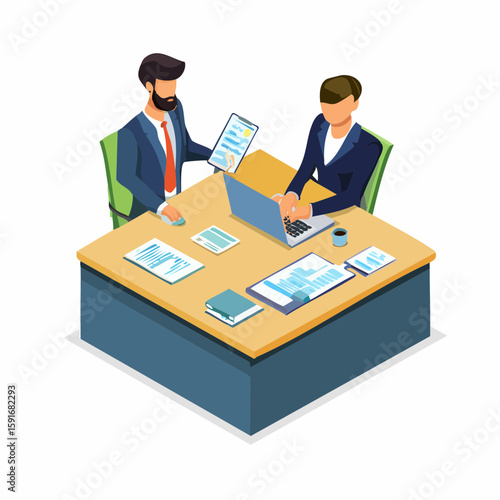 Isometric vector illustration of financial advisor in formal suit presenting investment plan