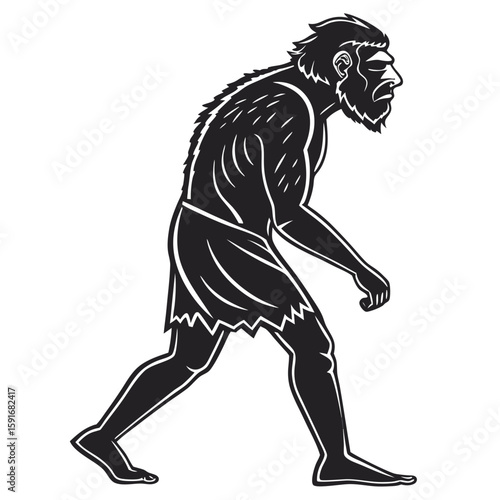 A walking prehistoric man with a beard, isolated on white