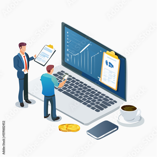 Isometric vector of financial service salesman presenting loan options to customer