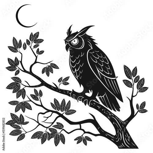 An owl sits on a tree branch under the moon