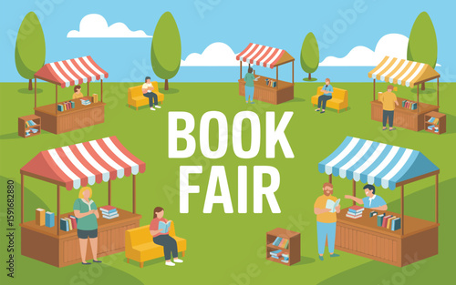Book Fair Vector Illustration – Outdoor Festival with Booth Stalls and Bookcases – Market Scene for Literature Events, Reading Promotions, and Educational Design Projects

