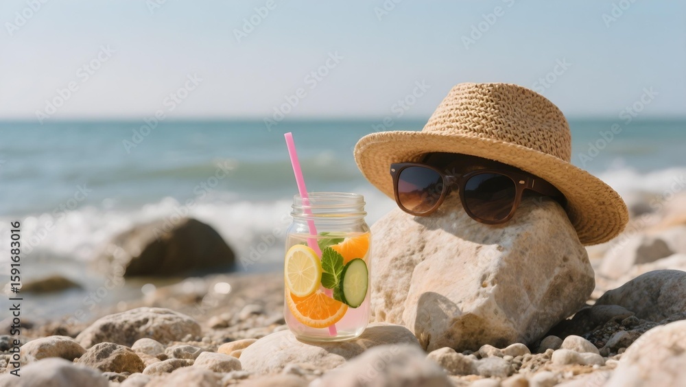 Summer beach relaxation with straw hat, sunglasses, and refreshing citrus drink on a sunny day by the ocean. Summer beach relaxation with straw hat, sunglasses, and refreshing citrus drink on a sunny day by the ocean.