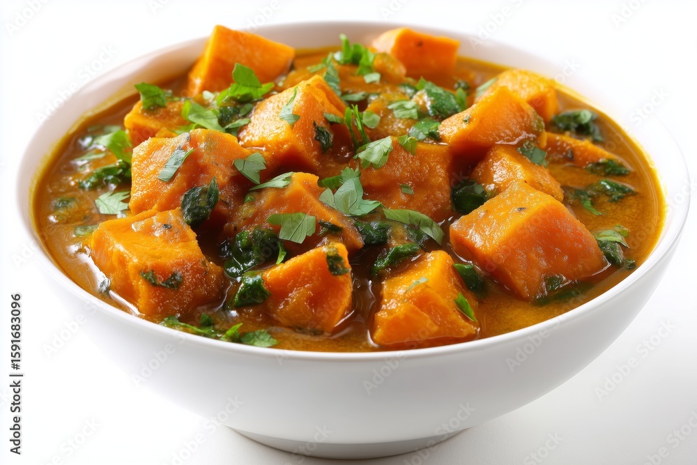 Delicious sweet potato curry with ginger and fresh herbs served in a white bowl on a clean background Delicious sweet potato curry with ginger and fresh herbs served in a white bowl on a clean background