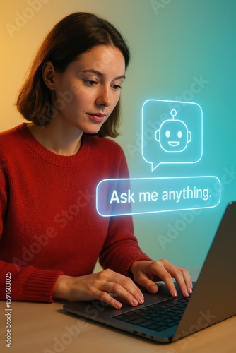 A woman interacts with a chat bot interface on a laptop, a visual representation of artificial intelligence and human interaction. the interface states ask me anything. customer support service
