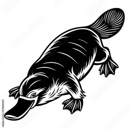 A black and white illustration of a platypus