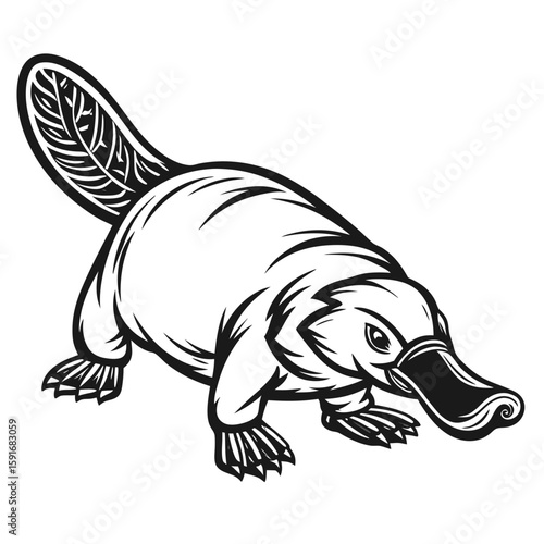 A black and white illustration of a platypus