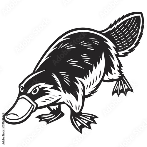 A black and white illustration of a platypus