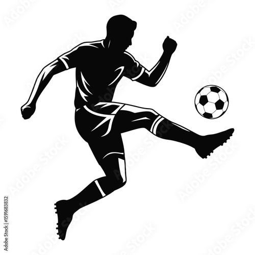 Dynamic Soccer Player Silhouette, Kicking Football Action Vector Illustration