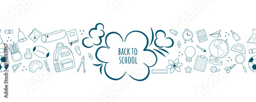 Horizontal seamless border with stationery and school supplies. Back to school concept. Simple hand drawn school icons doodle sketch style, vector graphics