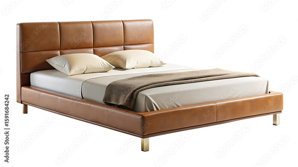 Fototapeta premium modern double bed isolated on white background, png, ai generated.