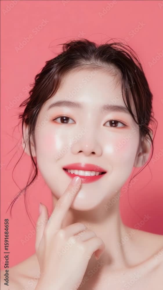 Female in red lipstick smirking at camera, pink background Female in red lipstick smirking at camera, pink background