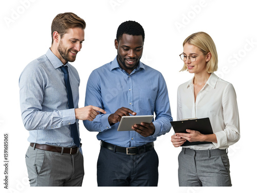 Three diverse business professionals collaborating and discussing a project using a tablet and clipboard isolated on transparent background
