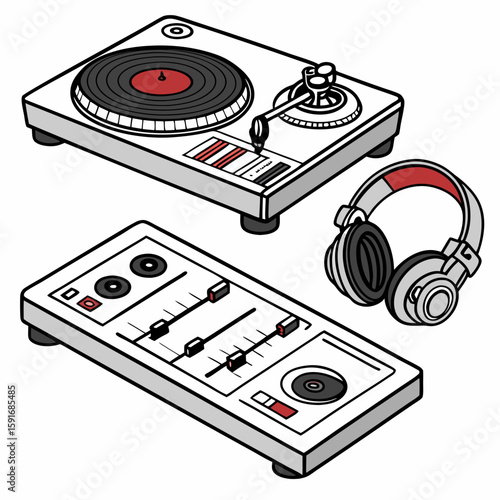 DJ Equipment Set – Turntables, Mixer, and Headphones Vector Illustration on White Background