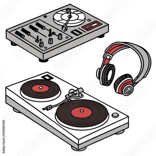 DJ Equipment Set – Turntables, Mixer, and Headphones Vector Illustration on White Background