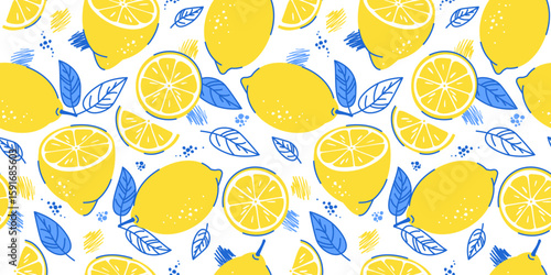 Yellow lemons, blue leaves seamless pattern. Lemon fruits, slices, citrus, lemonade. Tropical endless background for banners, cards, flyers, product design, lemon logo, social media wallpapers, etc