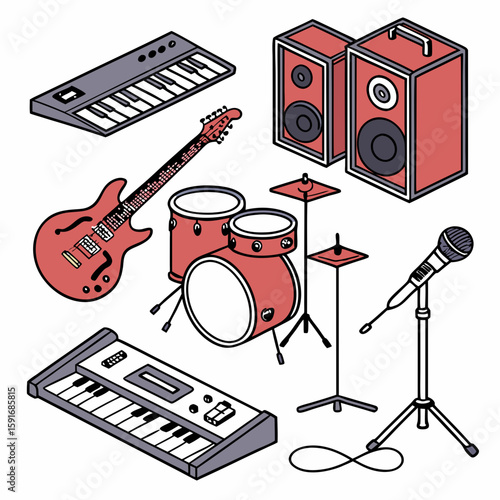 Complete Music Equipment Set – Guitar, Piano, Drum Set, Microphone, Speakers, Turntable, and Mixing Console Vector Illustration on White Background