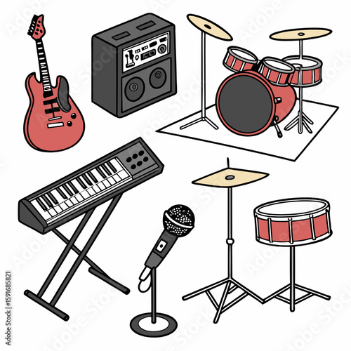 Complete Music Equipment Set – Guitar, Piano, Drum Set, Microphone, Speakers, Turntable, and Mixing Console Vector Illustration on White Background