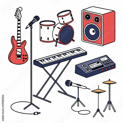 Complete Music Equipment Set – Guitar, Piano, Drum Set, Microphone, Speakers, Turntable, and Mixing Console Vector Illustration on White Background