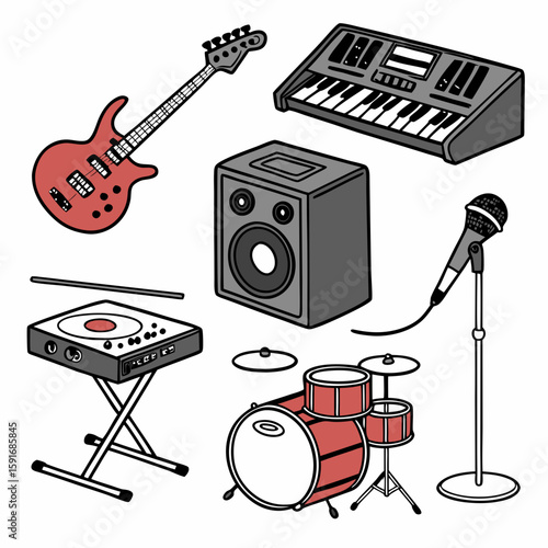 Complete Music Equipment Set – Guitar, Piano, Drum Set, Microphone, Speakers, Turntable, and Mixing Console Vector Illustration on White Background